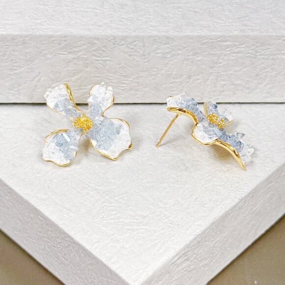 Floral Earrings, Flower Stud Earrings, Crystal Earrings, Gold Statement earrings - Picture 3 of 10